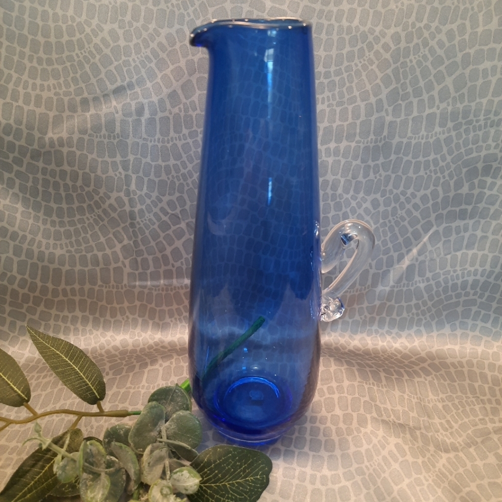 Gorgeous Vintage Hand Blown Glass Cobalt Blue Decorative Pitcher ~ Japan